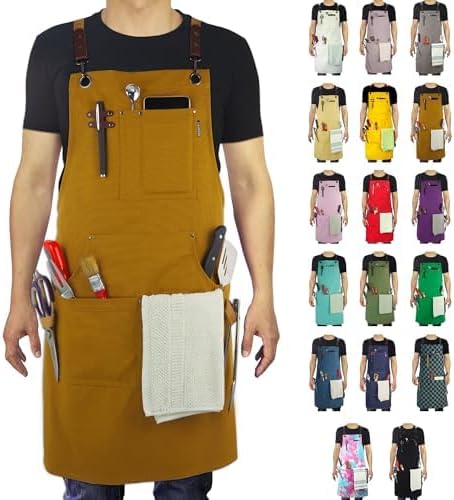 5 Pack Kitchen Aprons, Work Apron, Canvas, Multiple Pockets, Gardening, Painting, BBQ, Artist, Carpenter, Sizes M to XXL, Khaki