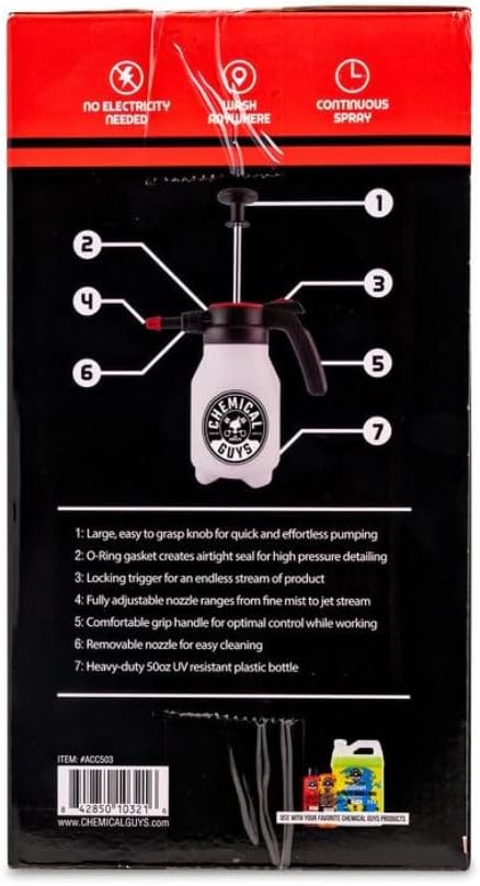 Chemical Guys Mr. Sprayer Full Function Pressure Atomizer and Pump Sprayer - Professional 50 oz Bottle for Home, Garden, Car Detailing, Cleaning and Washing - Easy Pump Action and Adjustable Spray
