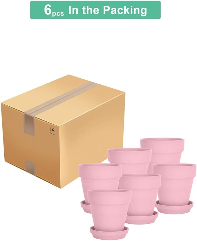 vensovo 4 Inch Small Peach Pink Terracotta Plant Pots with Saucer - 6 Pack Clay Flowerpots with Drainage, Great for Indoor Outdoor Plants, Crafts, Wedding Favor