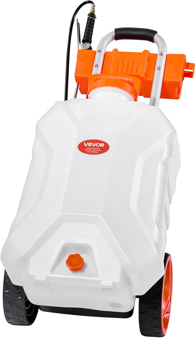 VEVOR Battery-Powered Sprayer with Wheeled Cart, 10 Gallons Electric Weed Sprayer, Adjustable 0-80 PSI, Yard Lawn Sprayers with Wheels, 5 Nozzles & 98ft Hose, 3-6H Spray Time, for Weeding, Cleaning