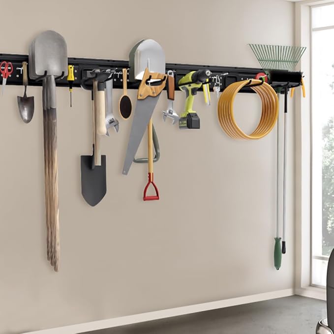 Garage Tool Storage Organizer Wall Mount, Heavy Duty Metal Garden Tool Rack Kit, 48inch Tracks with 16 Hooks for Shovel, Broom, Rake, Home, Max Load 600lb
