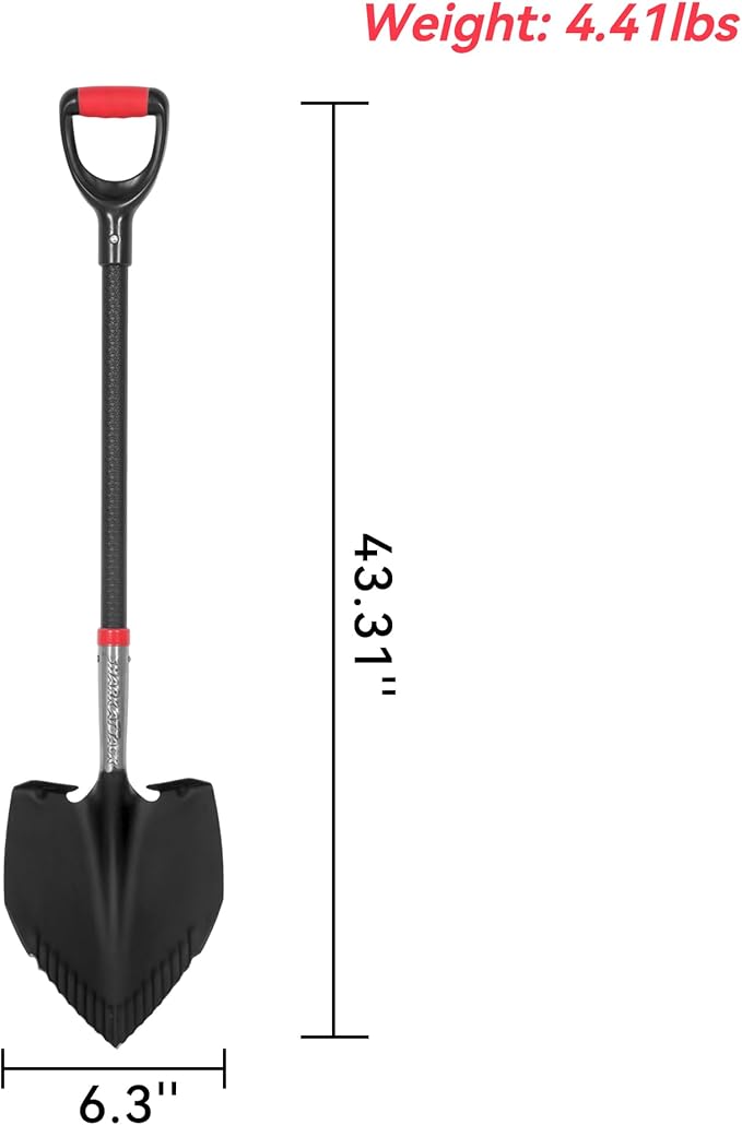 SHARK ATTACK Heavy Duty Garden Shovel 43.3 inch with D-Grip Handle, 6.3'' Serrated Steel Blade for Digging and Landscaping, Beach Shovel, Car Snow Shovel