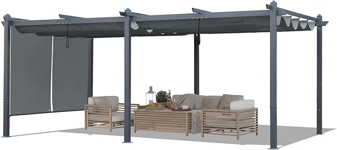BPS 12x20 FT Outdoor Pergola - Retractable Shade Canopy with Aluminum Frame & Roller Shade Curtains for Patio, Backyard, or Deck, Gray