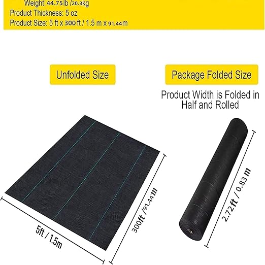 Woven Landscape Fabric 5.0oz, 5 x 300FT Weed Fabric Barrier, Double Layer, Garden Fabric Weed Barrier, Weed Control Fabric Ground Cover, Gardening Mat for Garden Beds, Landscaping