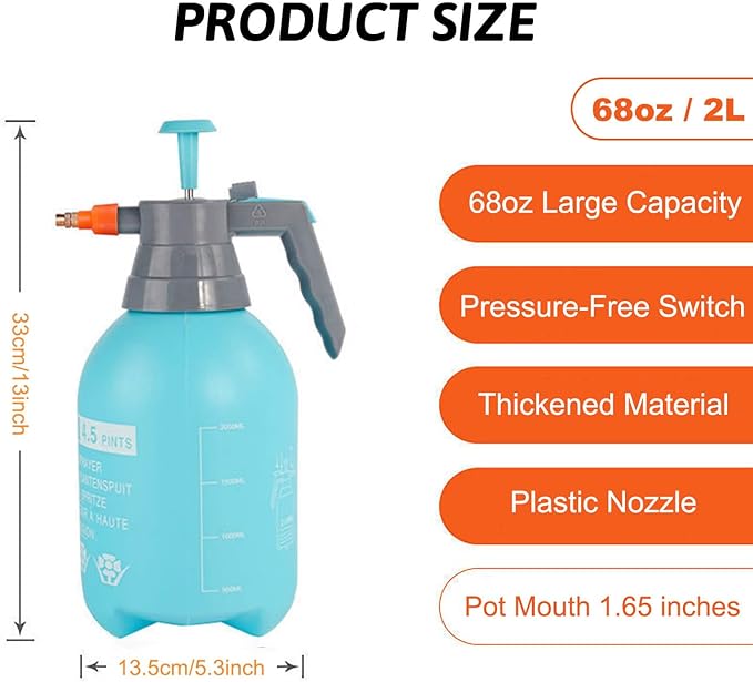 51oz/68oz Handheld Garden Pump Sprayer with Adjustable Nozzle Pressure Sprayer Hand Atomizer for Home Cleaning,Garden,Car Detailing & Washing (68ozBlue)