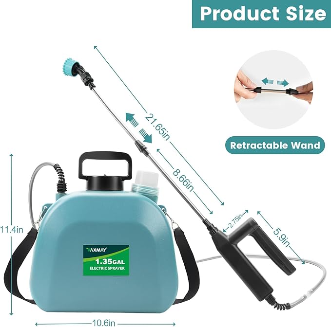 Battery Powered Sprayer 1.35 Gallon, 2025 Electric Garden Sprayer with 3 Adjustable Speeds, 4 Mist Nozzles, Rechargeable Handle, Retractable Wand with Adjustable Shoulder Strap for Weed Lawn
