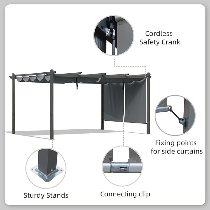 BPS 12x14 FT Outdoor Pergola - Retractable Shade Canopy with Aluminum Frame & Roller Shade Curtains for Patio, Backyard, or Deck, Gray