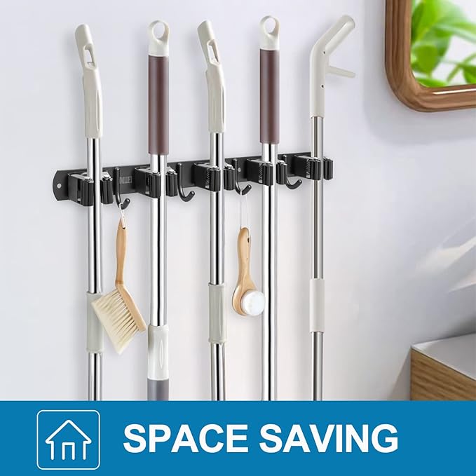 IMILLET Broom Holder Wall Mount, Broom Holder Stainless Steel Heavy Duty Garage Organization Broom Organizer Wall Mount Self Adhesive Laundry Room Organization and Storage(5 Racks and 4 Hooks)