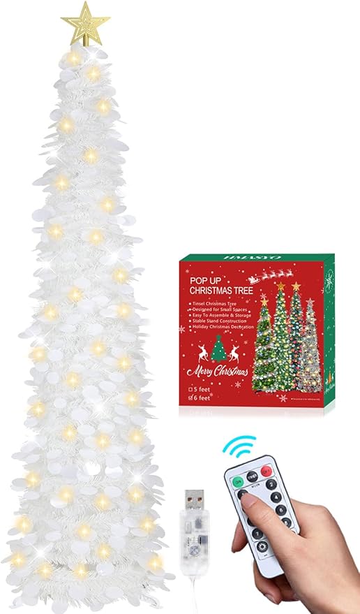 HMASYO 6 FT Pop Up Christmas Tree with 100 LED Lights & Remote, White Christmas Tinsel Tree, Collapsible Artificial Pencil Tree for Home Office Party Decor, USB Powered Timer Lights, Easy Assembly