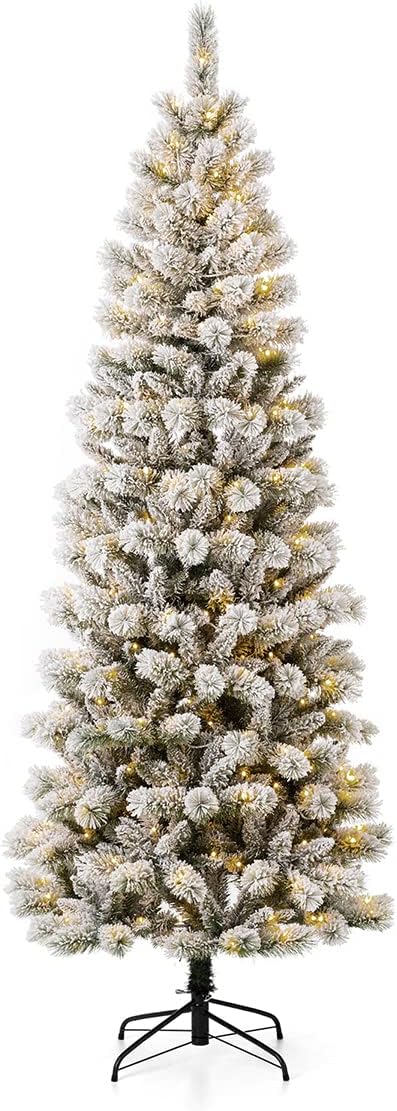 Glitzhome 7.5ft Pre-Lit Flocked Artificial Christmas Tree, Portland Snowy Pine Pencil Christmas Tree with 300 LED Lights, 9 Functional Warm White/Multi-Color, Remote Controller