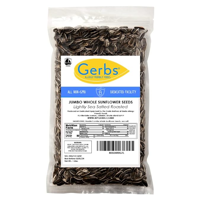 Gerbs Jumbo Lightly Sea Salted Whole Sunflower Seeds 14 oz. | Small Batch, No Additives, Resealable Bag | Crack-and-Eat Crunchy Snack | Top 14 Allergen-Free