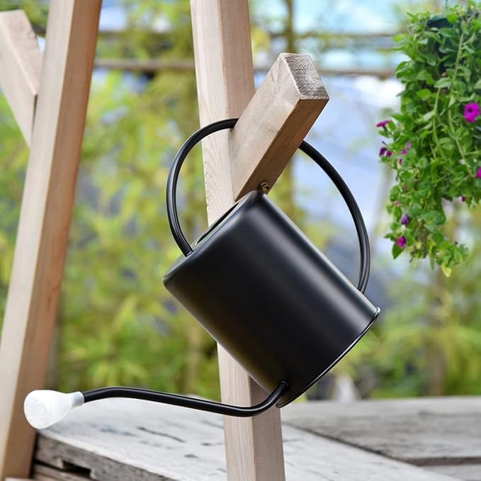 Stainless Steel Black Colored Watering Can 1/2 Gallon 68oz Long Spout Watering Pot for Indoor Plant Watering or Outdoor Gardening with 2Pcs Removable Spray Spout for Flowers