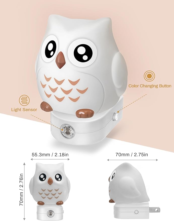 Owl Night Lights Plug Into Wall, Cute Night Light for Kids, 8-Color LED Night Light with Dusk to Dawn Sensor, Decorative Nightlight for Kid Room, Bathroom, Bedroom, Children Gift, 1 Pack