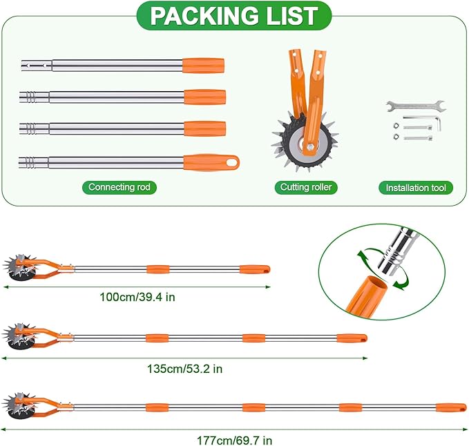 Wheel Rotary Edger Lawn Tool, Sidewalk 66.7Inch Manual Lawn Edger, Grass Edge Trimmer, Adjustable Stainless Steel Handle with Cushion Grip,Soil,Garden and Yard Tool,Orange