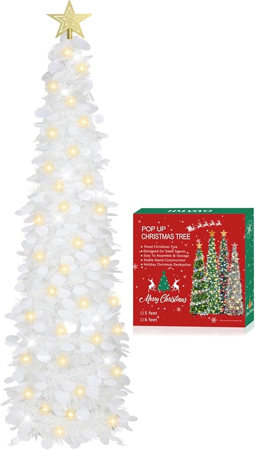 HMASYO 5 FT Pop Up Christmas Tree with Timer Lights, White Christmas Tinsel Tree, Collapsible Artificial Pencil Christmas Tree for Indoor Home Apartment Porch Holiday Party Decorations