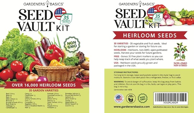 Gardeners Basics Survival Vegetable Seeds Garden Kit Over 16,000 Seeds Non-GMO and Heirloom, Great for Emergency Bugout Survival Gear 35 Varieties Seeds for Planting Vegetables 35 Free Plant Markers