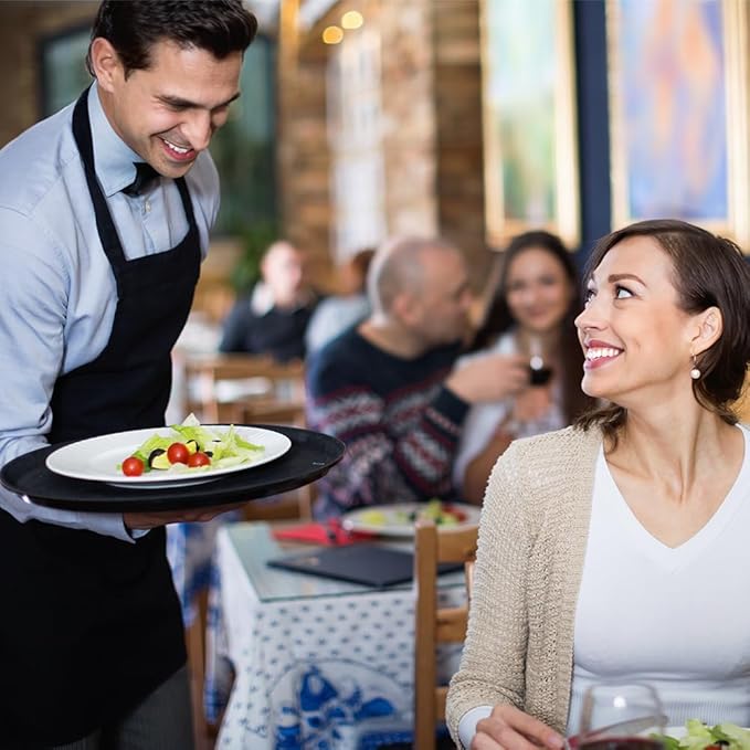 8 Pcs 14 Inch Black Round Restaurant Serving Tray - Plastic Food Meals Server Tray with Raised Edges Non-Slip Surface for Home Kitchen Restaurant Cafeteria Bar