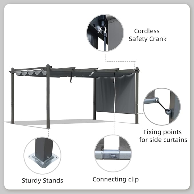 BPS 12x16 FT Outdoor Pergola - Retractable Shade Canopy with Aluminum Frame & Roller Shade Curtains for Patio, Backyard, or Deck, Gray