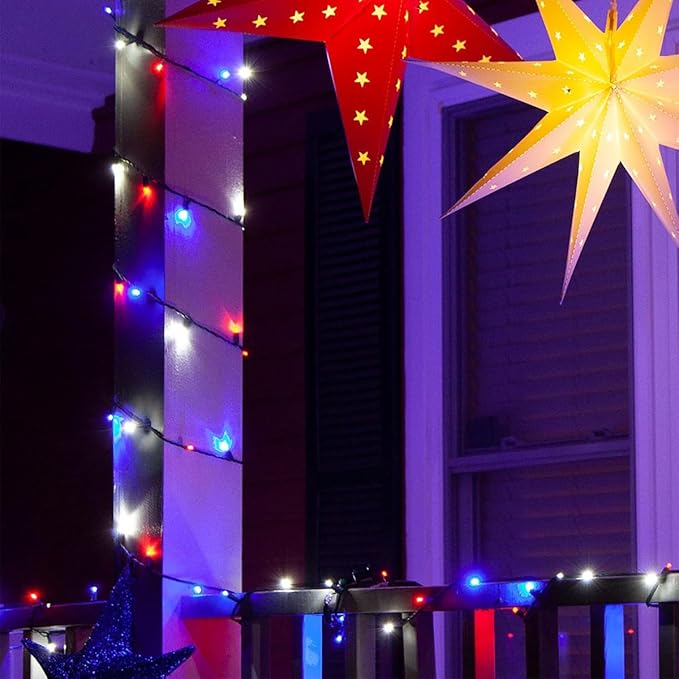 4th of July Patriotic Decoration, 500 LED Red White and Blue Lights with 8 Modes, Outdoor Waterproof String Lights for Fourth of July, Memorial Day, Independence Day Decor
