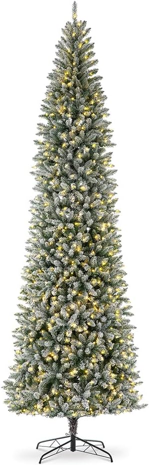 Glitzhome 11ft Pre-Lit Artificial Christmas Tree, Snowy Splendor Fir Hinged Pencil Christmas Tree Holiday Decoration with 950 Warm White Lights and Foldable Metal Stand, Easy Assembly