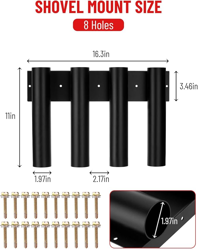 8-Hole Truck Bed Shovel Mount Holder Trailer Landscape Hand Tool Rack Organizer for Trimmer Rake Lawn Tool Utility UTV Accessories