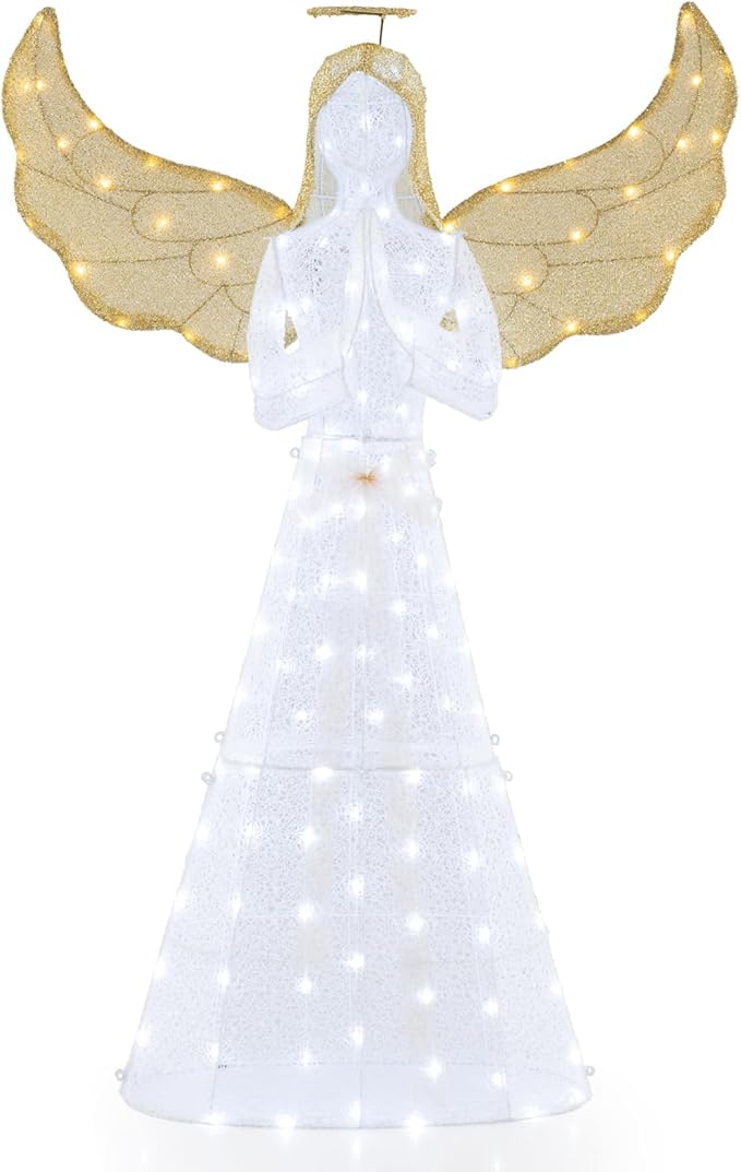 Tangkula 5 FT Lighted Christmas Angel, Light-up Winged Xmas Angel with 150 LED Lights, Zip Ties & Ground Stakes, Pre-Lit 3D Glittered Angel Decoration for Yard, Garden, Lawn & Indoor Display