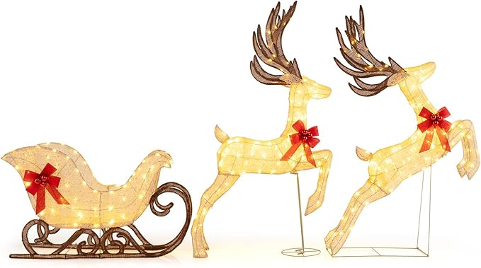 Tangkula 3-Piece Christmas Lighted Reindeer & Sleigh Set, 7 FT Lighted Xmas Holiday Outdoor Yard Decoration Set with Ground Stakes, Indoor & Outdoor Holiday Yard Display for Lawn, Garden