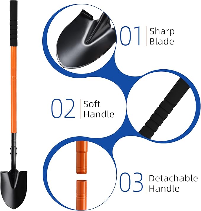 Small Shovel for Digging with Metal Handle, 43.7 Inch Heavy Duty Garden Shovel, Trench Shovels Ideal for Digging Gardening Trenching Planting Camping Transferring Scooping, Orange