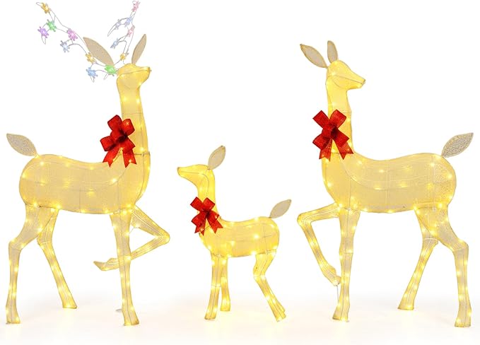 Tangkula 3 Pieces Christmas Lighted Reindeer Family Set, Indoor/Outdoor Christmas Decoration with LED Lights & RGB Flashing Lights, Ground Stakes, Light up Holiday Deer Decoration for Yard Lawn Party
