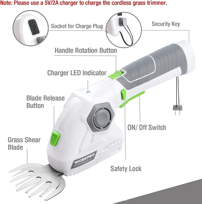 WORKPRO Cordless Grass Shear & Shrubbery Trimmer - 2 in 1 Handheld Hedge Trimmer 7.2V Electric Grass Trimmer Hedge Shears/Grass Cutter 2.0Ah Rechargeable Lithium-Ion Battery and USB Cable Included