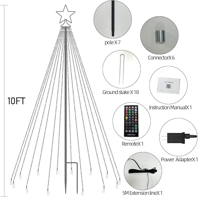 10ft Smart Outdoor Christmas Tree Lights,App&Remote Control Iron Pole Waterfall String Lights,DIY RGB Color Changing,Music Sync,Timer,Waterproof Star Tree Lights for Yard,Party,Holiday,Xmas Decor