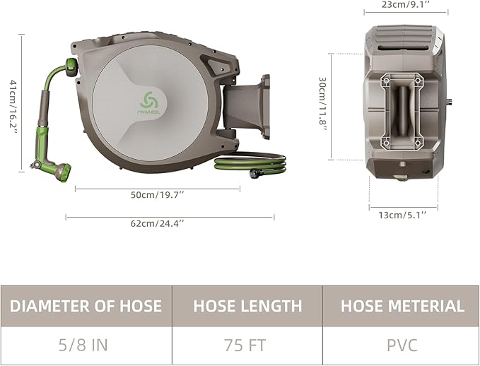 PINWHEEL 5/8in 75FT Retractable Garden Hose Reel, Automatic Retractable Hose with 10-Pattern Spray Nozzle, 180° Swivel Bracket, 3-Layer PVC Durable Water Hose for Yard Lawn Care