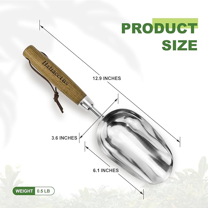 Haliaeetus Potting Soil Scoop, Bend-Proof Stainless Steel Garden Scoop, 1 Cup Big Volume Garden Hand Shovel, Comfortable Wood Handle Dirt Trowel for Transplanting, Cultivation, Composting and Planting
