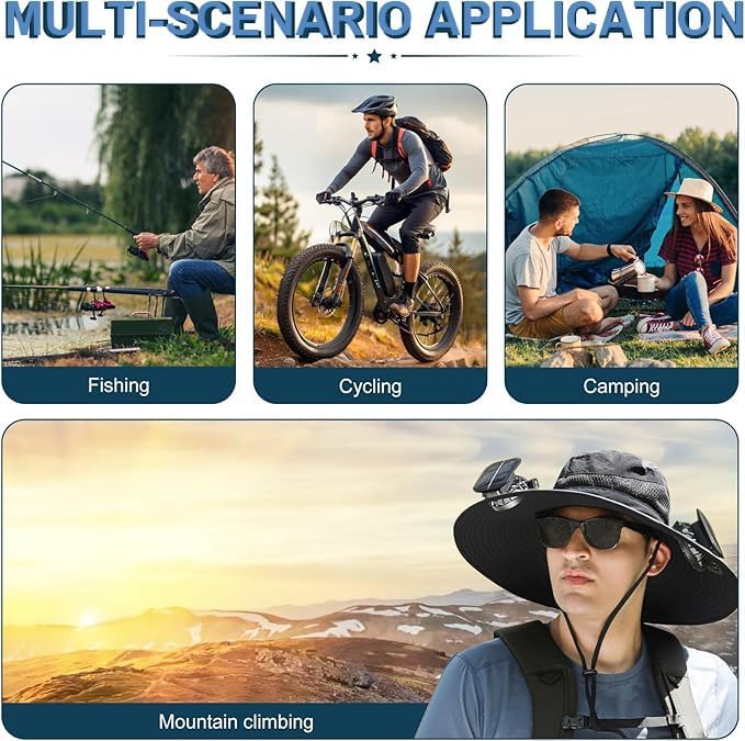 Solar Powered Fan Hat with 2 USB Solar Charging Removable Fans Wide Brim Sun Hat for Outdoor Fishing, Hiking Gardening