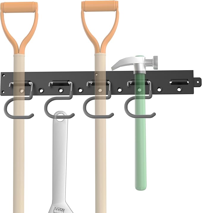 TORACK Plastic Wall Mounted Mop and Broom Holder, Garden Tools Organizer for Garage Wall, Yard Tool Storage Rack for Rakes, Shovels, Mops, Brooms (4 Tracks, 16 Hooks)