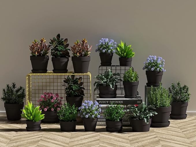 Fcacti 6 Pack Black Terra Cotta Pots with Saucer, 4.5 Inch Clay Planters with Drainage Hole for Indoor/Outdoor Plants, Succulent, Cactus, Flower Pots
