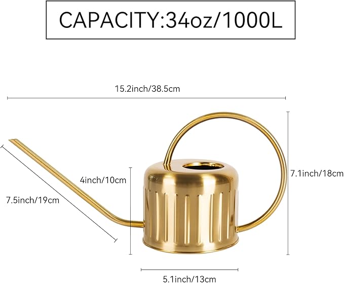 34oz/1L Stainless Steel Watering Can, Rust-Proof Indoor/Outdoor Watering Can for House Plants, Long Spout Water Can for Succulent Bonsai Garden Flowers (Gold Color)