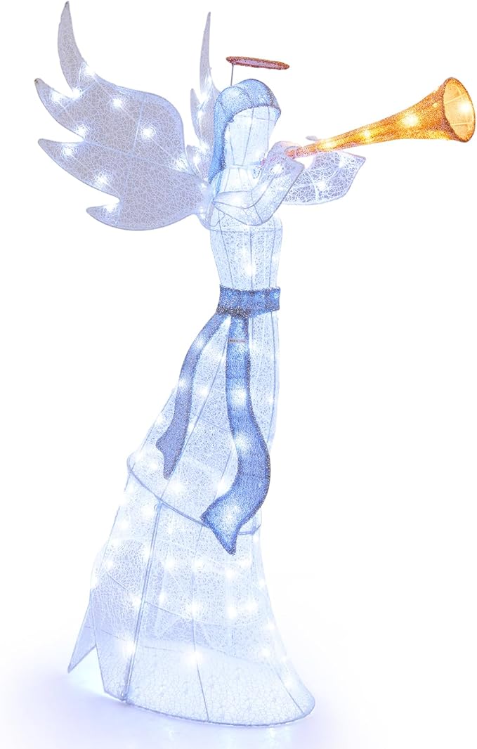 Tangkula 5 FT Christmas Angel with Trumpet, Outdoor Xmas Pre-Lit Angel with Halo, Wings & 100 LED Lights, Ground Stakes & Zip Ties Included, Lighted Winged Holiday Figure for Home, Yard