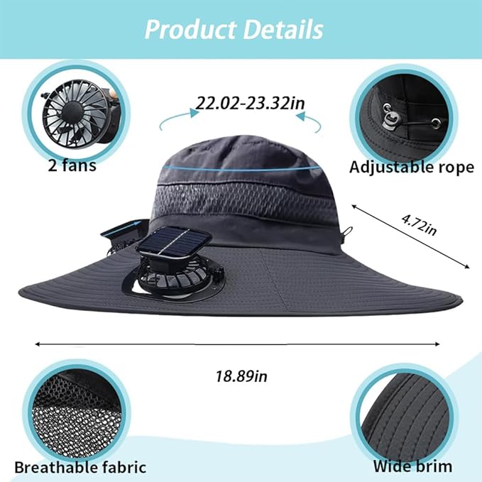 Solar Fan Hat Wide Brim Fishing Hat with 2 Solar Fan & USB Charging Sombrero para el Sol Hombre Outdoor Hiking Hat for Adult
