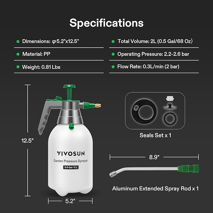 VIVOSUN 0.5Gal Handheld Garden Sprayer, 2L Pump Sprayer, 68 Oz Water Spray Bottle with Safety Valve, Adjustable Nozzle, Extended Spray Rod & Additional Seals, Ideal for Watering, Fertilizing, Cleaning