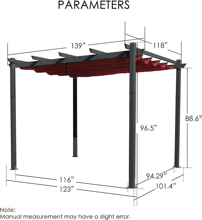 Kozyard Morgan Outdoor Retractable Pergola with Sun Shade Canopy Patio Aluminum Pergola Shelter for Backyard Deck Garden Modern Metal Grill Gazebo (10' x 12', Burgundy)
