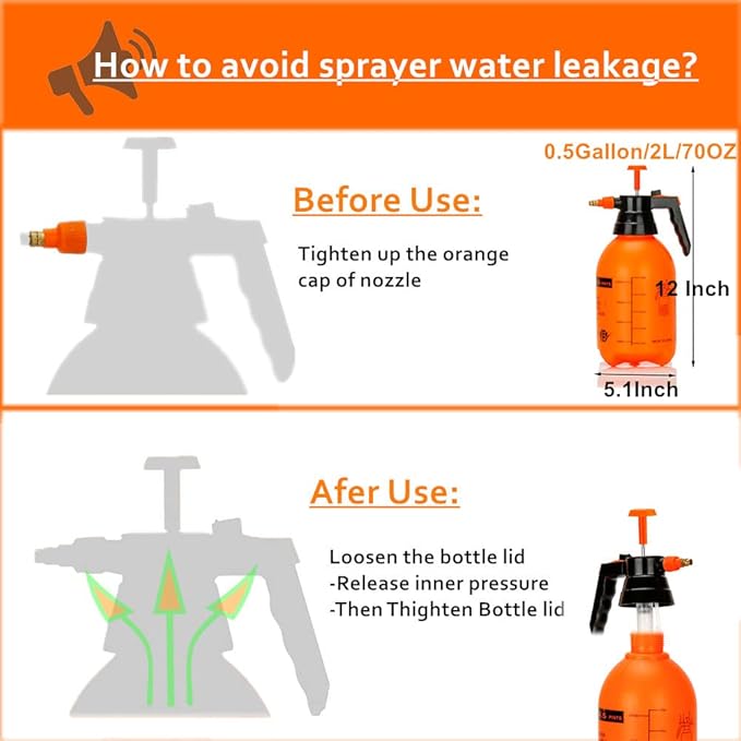 2 Pack Pump sprayers in Lawn and Garden, 2L Handheld Garden Pump Sprayer 0.5 Gallon Water Mist Spray Bottle for Plants, Weed Sprayer with Adjustable Brass Nozzle (2L Orange)