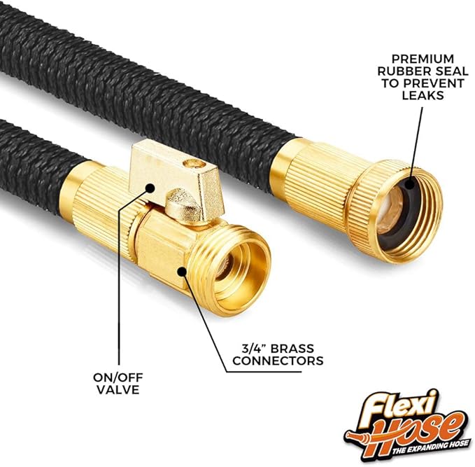 Flexi Hose PLUS with 8 Function Nozzle Expandable Garden Hose, Lightweight & No-Kink Flexible Garden Hose, 3/4 inch Solid Brass Fittings and Double Latex Core, 25 ft Black