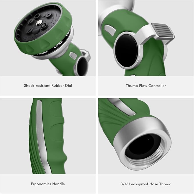 RESTMO Hose Nozzle Heavy Duty, Metal Water Hose Sprayer for Garden, 9 Spray Patterns | High Pressure | Thumb Flow Control | On/Off Valve, Ideal for Lawn & Plant Watering, Car & Pet Washing, Green