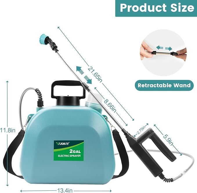 Battery Powered Sprayer 2 Gallon, 2025 Upgrade Electric Sprayer with 3 Adjustable Speed, Battery Indicator, 4 Mist Nozzles, Rechargeable Retractable Wand with Adjustable Shoulder Strap for Lawn Garden