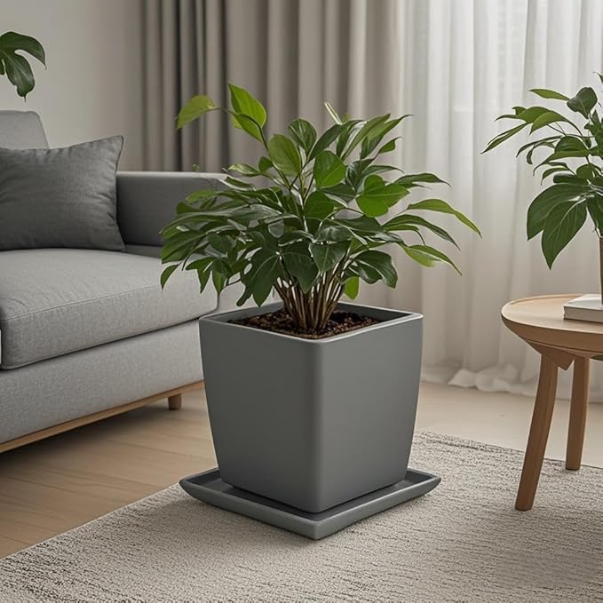 Square Plant Saucer 10 Inch 1 Pack,Plant Trays for Pots, Gray Ceramic Plant Saucers for Indoors Outdoors, Plant Drip Tray 4 6 8 10 12 14 Inch