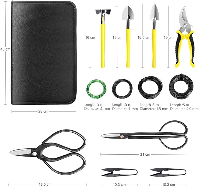 MOSFiATA Bonsai Tools Set 13 Pcs High Carbon Steel Succulent Gardening Trimming Tools Set Include Pruning Shears, Scissors, Mini Rake, Round and Pointed Shovel &Training Wire in PU Leather Bag
