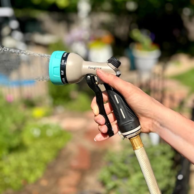 Foxglove Garden Hose Sprayer with 10 Spray Patterns. Adjustable Heavy Duty Hose Spray Nozzle with Flow Control. Ergonomic Handle for Watering Plants, Flowers and Lawns, Car, and Pet Washing.