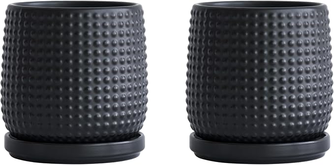 D'vine Dev Set of 2 Ceramic Plants Pots, 4 Inch Beaded Stoneware Flower Pot for Plants with Drainage Hole and Saucer, Ebony Matte, 27-E-Z-6
