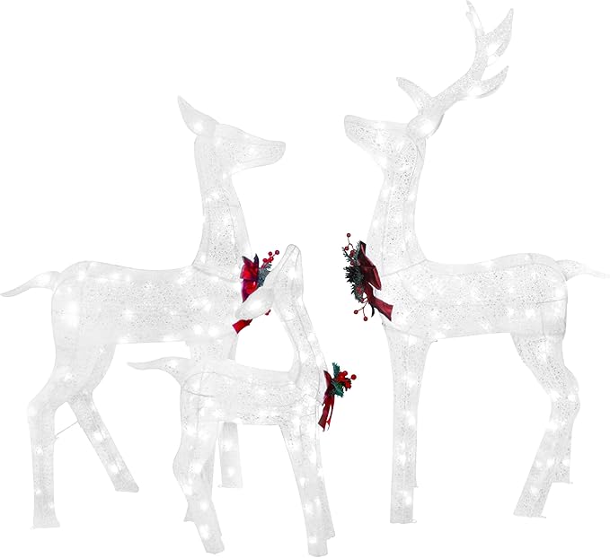 MUPATER Outdoor Christmas Decoration Lighted Deer Family Set Indoor, Christmas Holiday Yard Decor 3-Piece Set for Lawn and Home Party with Lights, Ground Stakes and Zip Ties, White